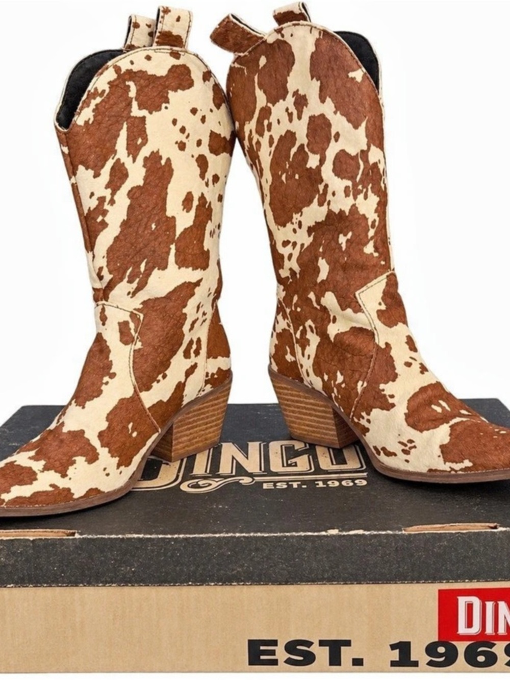 Dingo Live a Little Cow Print Heeled Western Boots Brown & Cream - Picture 2 of 3